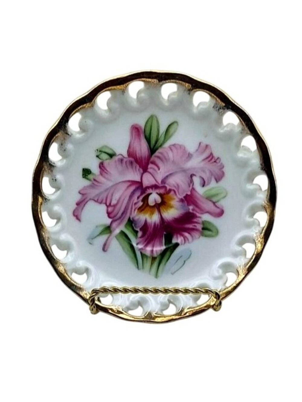 Porcelain Floral Iris Plate Gold Lace Edge Trim Stand Yamaka China Japan Vintage